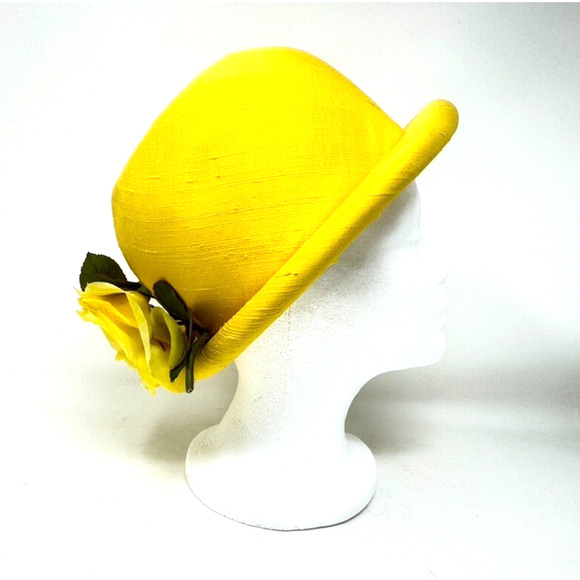 Vintage Miss Alice Bowler Hat Yellow Silk with Flower Embellishment - Picture 1 of 10